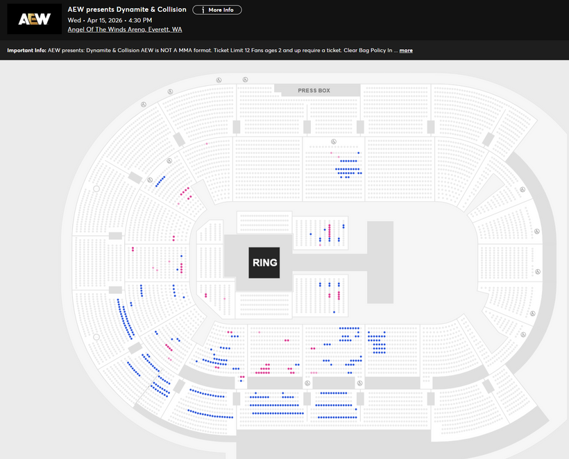 WrestleTix's tweet photo. AEW presents Dynamite & Collision
Wed • Apr 15, 2026 • 4:30 PM
Angel Of The Winds Arena, Everett, WA

Available Tickets: 374
Current Setup: 3,240
Tickets Distributed: 2,866

📺 Tonight's TV
📊 YTD Show Avg: 3,307
🔢 Total # of seats on map: 8,627
⏮ 5/15/2024: Dynamite 3,553
💰 Resale: 200
💵 Cheapest Ticket Available (Standard Admission): $31.15