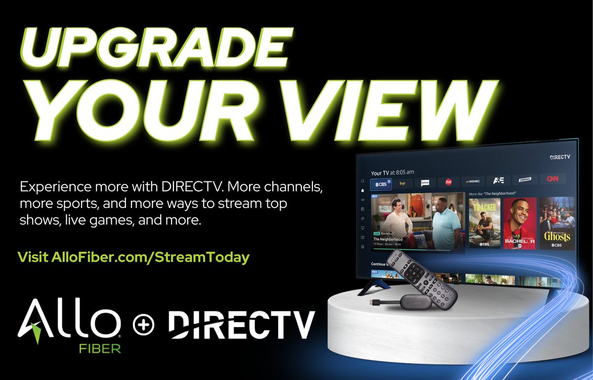 AlloFiber's tweet photo. Upgrade your streaming game with DIRECTV + ALLO Fiber 🚀
Get live TV, local channels, must‑see sports, and your favorite streaming apps—all in one place. ALLO’s fast, reliable fiber keeps everything crystal‑clear with smooth streaming and no buffering. 📺⚡
#AlloFiber #DIRECTV https://t.co/IArLqBbnKU
