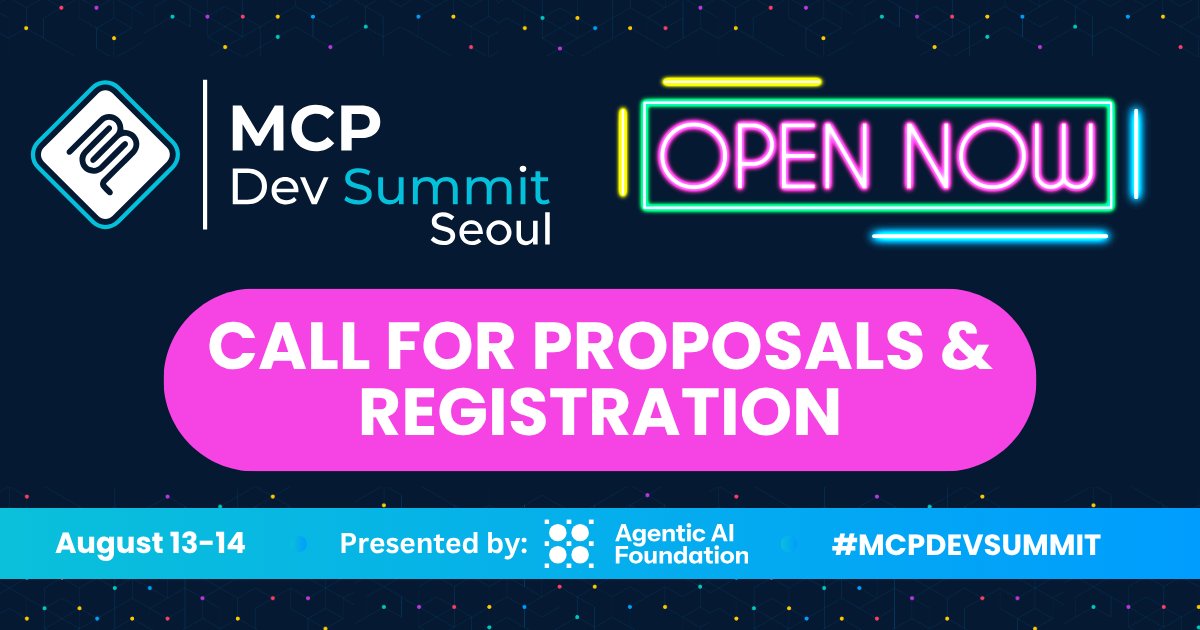linuxfoundation's tweet image. #MCPDevSummit is heading to Seoul this August 13-14! 🇰🇷 Whether you are building with #MCP or scaling it in production, we want to hear from you. Submit a talk by May 1 or register today to save ₩240,000 KRW!

🎤 CFP: bit.ly/41VwiSp 
🎟️ Register: bit.ly/4mxQnYk