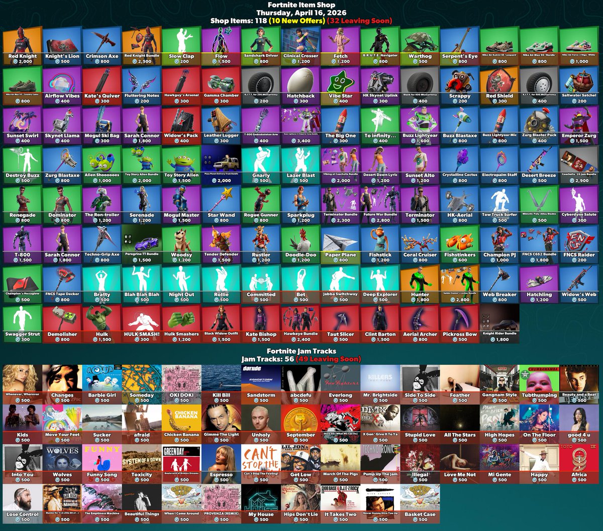 FireMonkey's tweet image. 🛒 #Fortnite Item Shop
⏰ Thursday, April 16, 2026
Shop Items: 118 (10 New Offers) (32 Leaving Soon)

🏷️ Check The Web Store! (SAC Code Auto-Applied)
fortnite.com/item-shop?crea… #EpicPartner

💙 Consider Using These SACs:
· FireMonkey #AD
· W1q