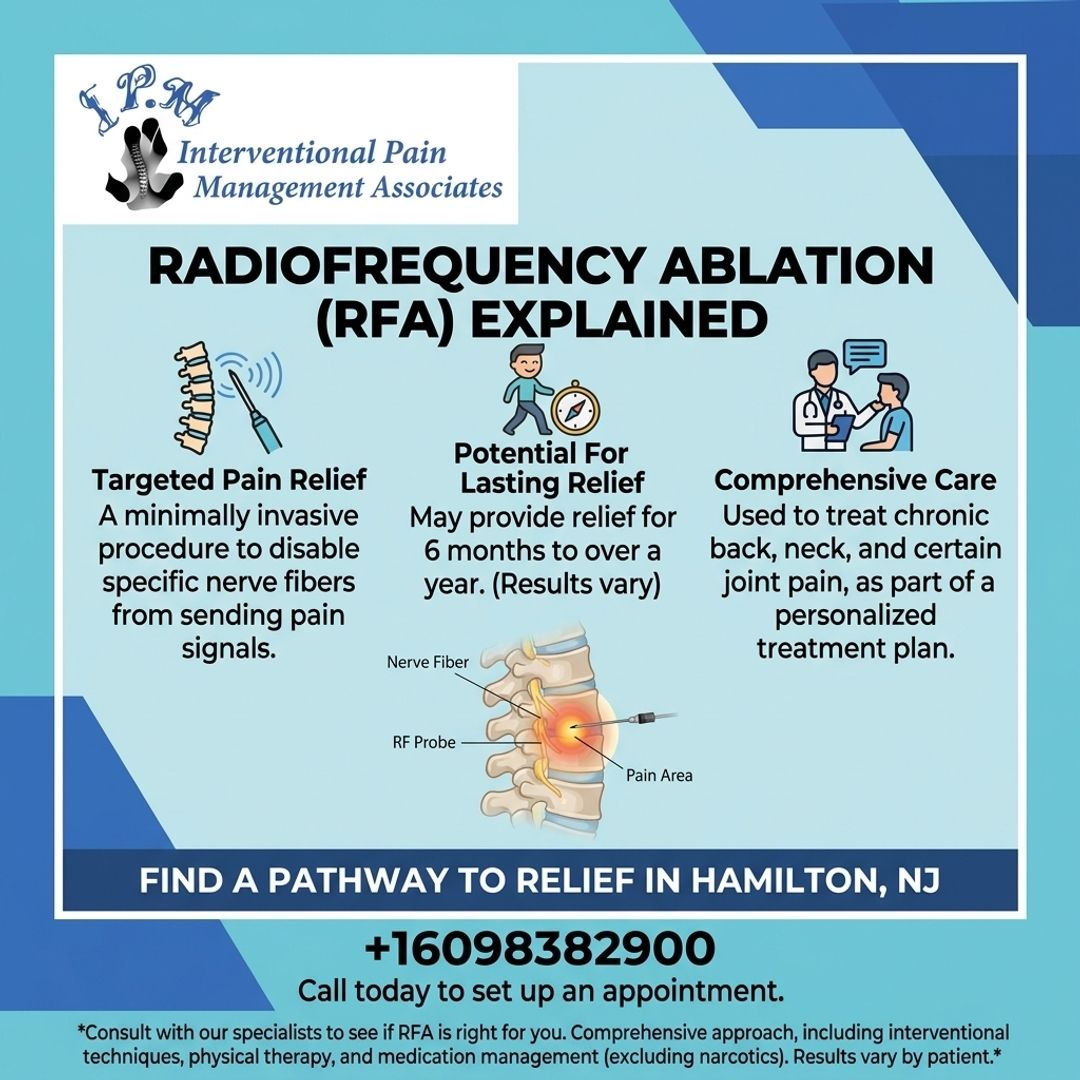 thepaindr's tweet image. Live a pain free life—Radiofrequency Ablation (RFA) is a minimally invasive option that may help calm chronic neck pain or low back pain when the right nerves are identified. #RFA #NeckPain #LowBackPain #PainReliefOptions #HamiltonNJ #MinimallyInvasive #IPM