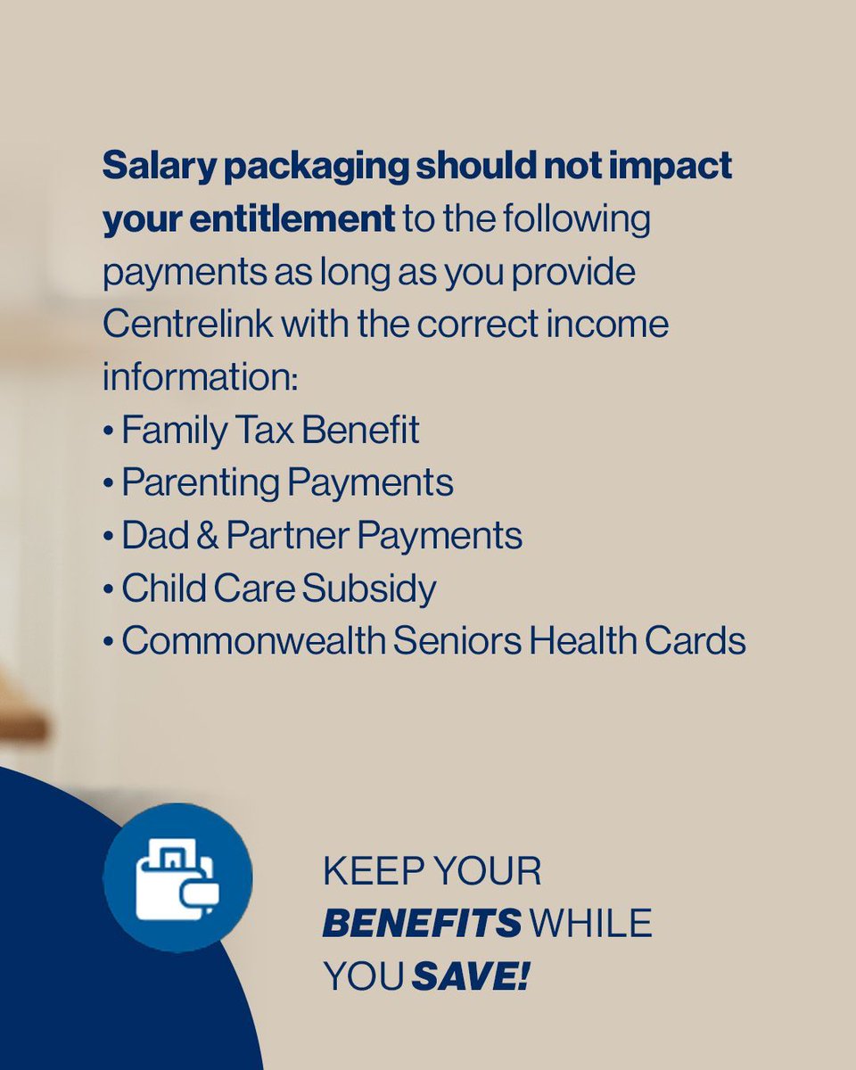 SalPackPlus's tweet photo. Salary packaging doesn't have to affect your Centrelink payments. We want you to enjoy the full benefits of lower tax and more take-home pay without the worry about your entitlements. As long as you provide the correct income info, your entitlements should stay secure. https://t.co/4tpbatCkX7