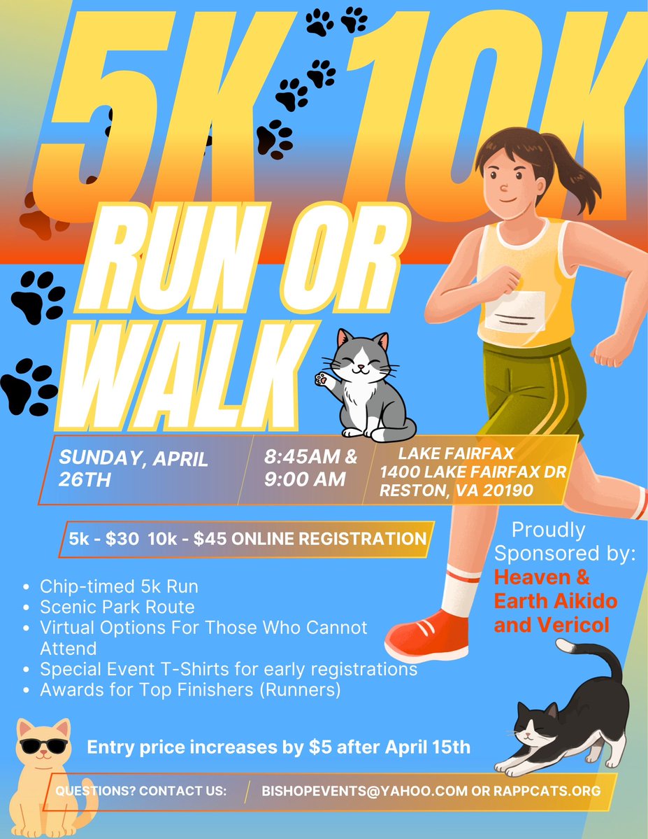 RappCatsAdopt's tweet image. #Runners #SpeedWalker #Walkers 
Help us help the #Kitties 
Today is the last day to guarantee you get a special T-Shirt!
Spread the word to any #NorthernVirginia residents!
We're excited to see you all there!