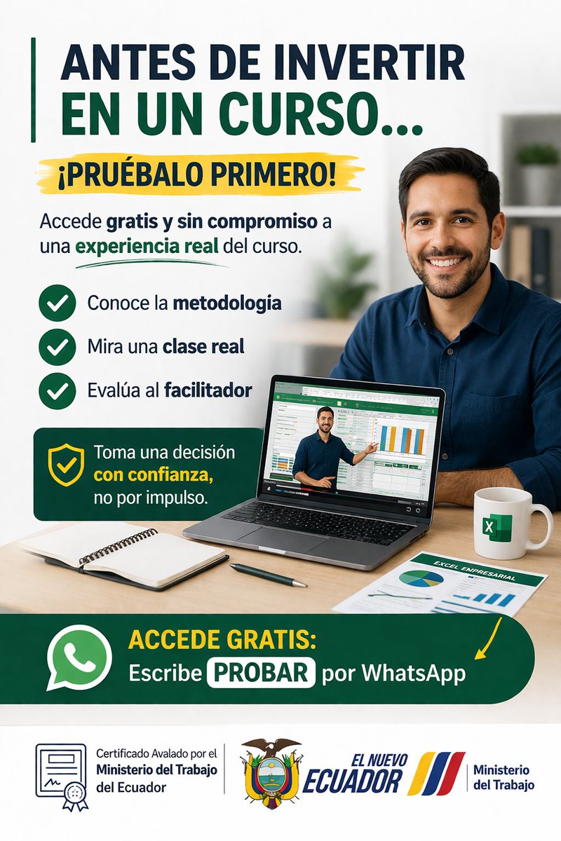 #ATENCION| PROBAR 
¡𝗛𝗼𝗹𝗮! 👋
Bienvenido a la experiencia gratuita de nuestro 
𝑻𝒂𝒍𝒍𝒆𝒓 𝒅𝒆 𝑬𝒙𝒄𝒆𝒍 𝒑𝒂𝒓𝒂 𝒍𝒂 𝑮𝒆𝒔𝒕𝒊𝒐𝒏 𝑬𝒎𝒑𝒓𝒆𝒔𝒂𝒓𝒊𝒂𝒍
𝗘𝘀𝗰𝗿𝗶𝗯𝗲 𝗣𝗥𝗢𝗕𝗔𝗥
Y reserva tu cupo para acceder al curso sin costo 👇
bit.ly/ExcelEmpresari…