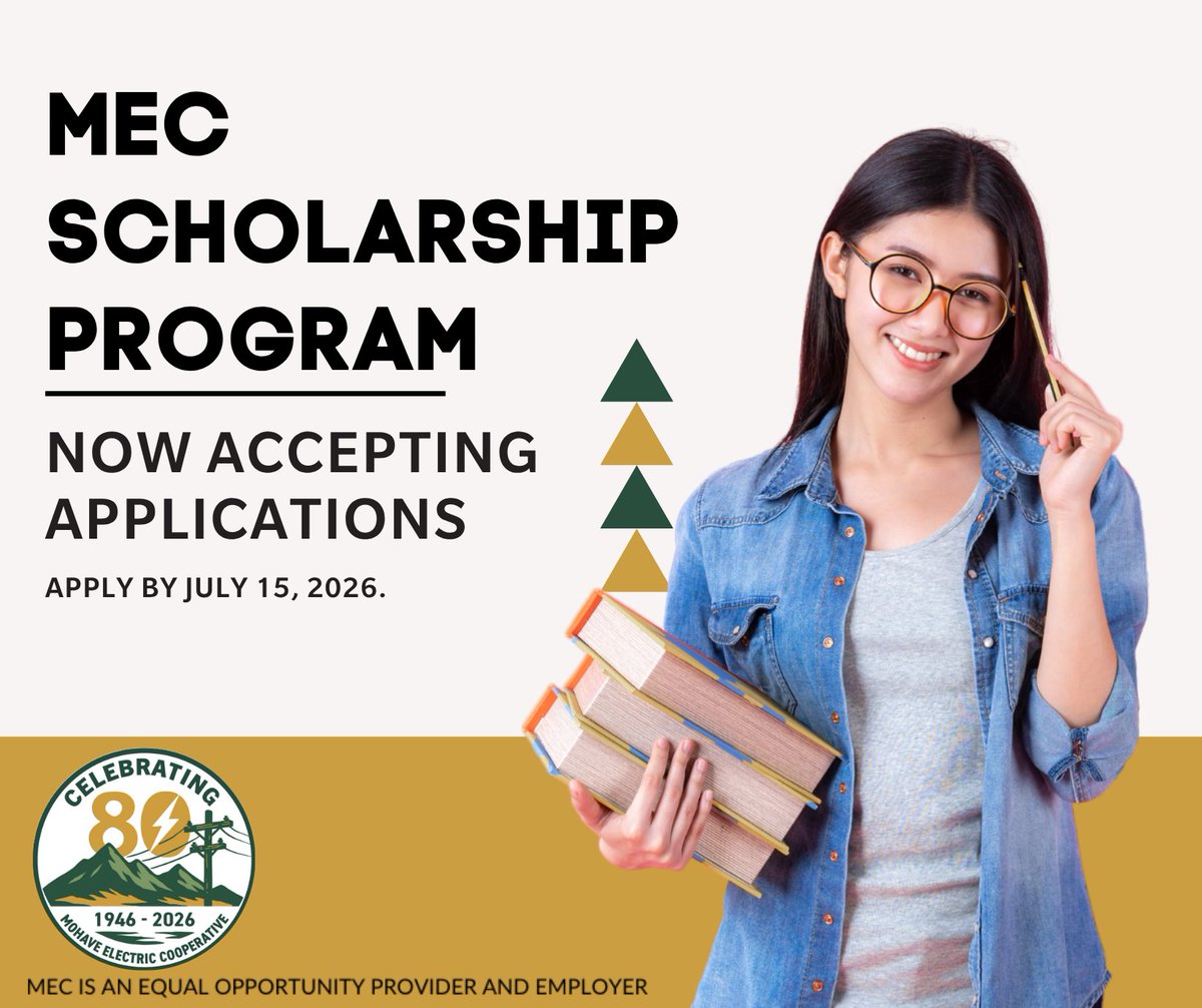 Mohave Electric is giving away up to $10,000 in scholarships. Applications open TODAY and must be received by 5 p.m. on July 15. Learn more at mohaveelectric.com/community/mec-….