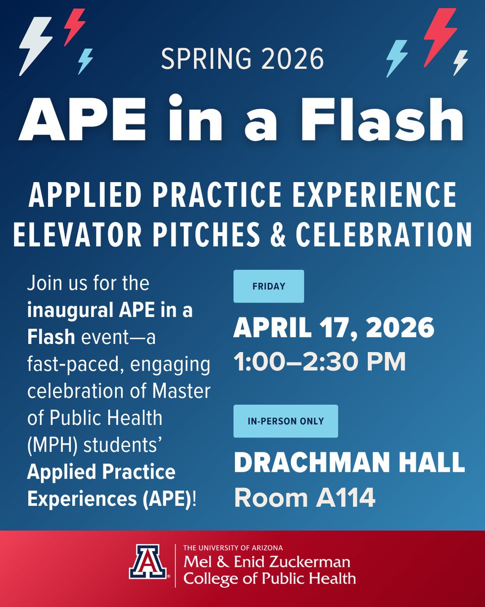 UAZPublicHealth's tweet image. Join us for APE in a Flash! ⚡

Not only is this a celebratory event for and with MPH students, it will also include a speed-networking portion for increased connections and pitch sharing. ⚡

Learn more! bit.ly/4cu0Pvp
#publichealth #mphstudents #professionaldevelopment
