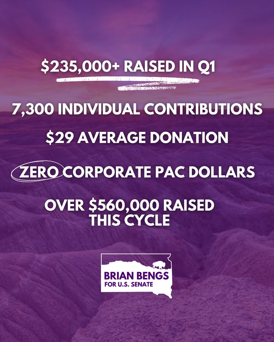 No PACs, no special interests, just people who are ready for a new voice for South Dakotans: 

Thank you to the thousands of folks who have come out to give what they can to fuel this people-powered campaign. With strong Q1 numbers, I’m more confident than ever moving forward.