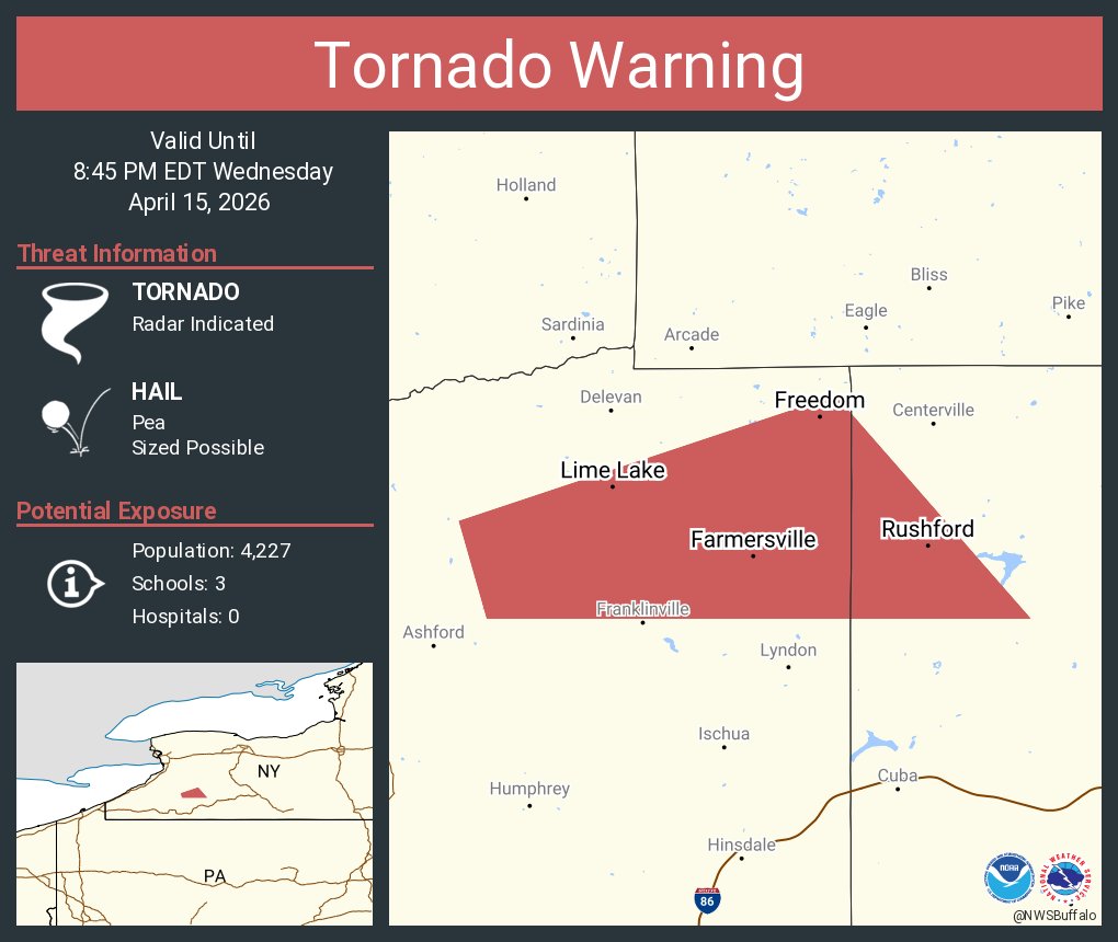 Tornado Warning including Lime Lake NY, Machias NY and  Rushford NY until 8:45 PM EDT
