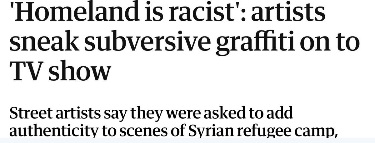 <a href="/ireallyhateyou/">B.M.</a> <a href="/squirrel_doom/">Squirrel of Doom</a> Homeland was the most racist show I’ve ever seen to the point that the graffiti artists they hired to graffiti up the Syrian refugee camp set wrote “homeland is racist” and other phrases in Arabic that made it into the show because no Arabic speakers were involved