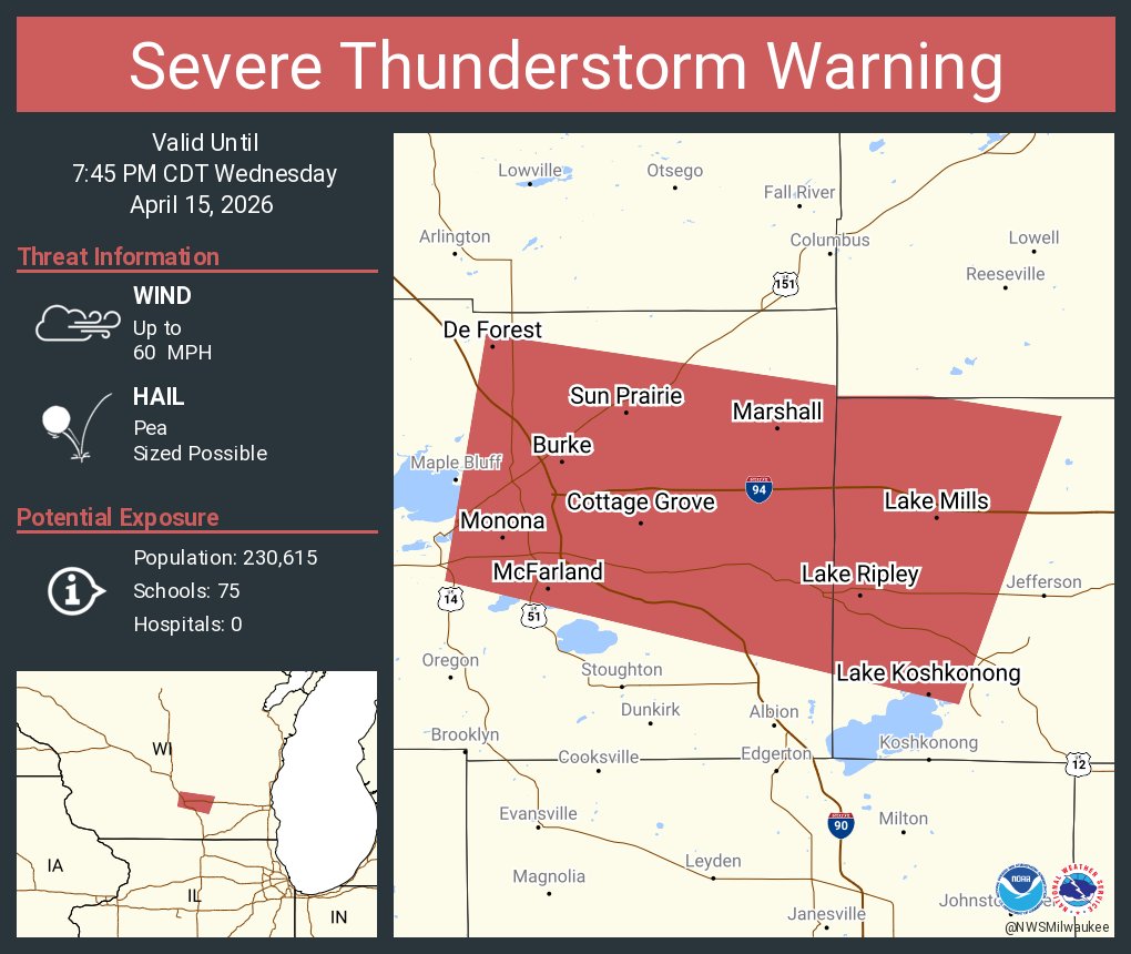 Severe Thunderstorm Warning including Sun Prairie WI, De Forest WI and ...