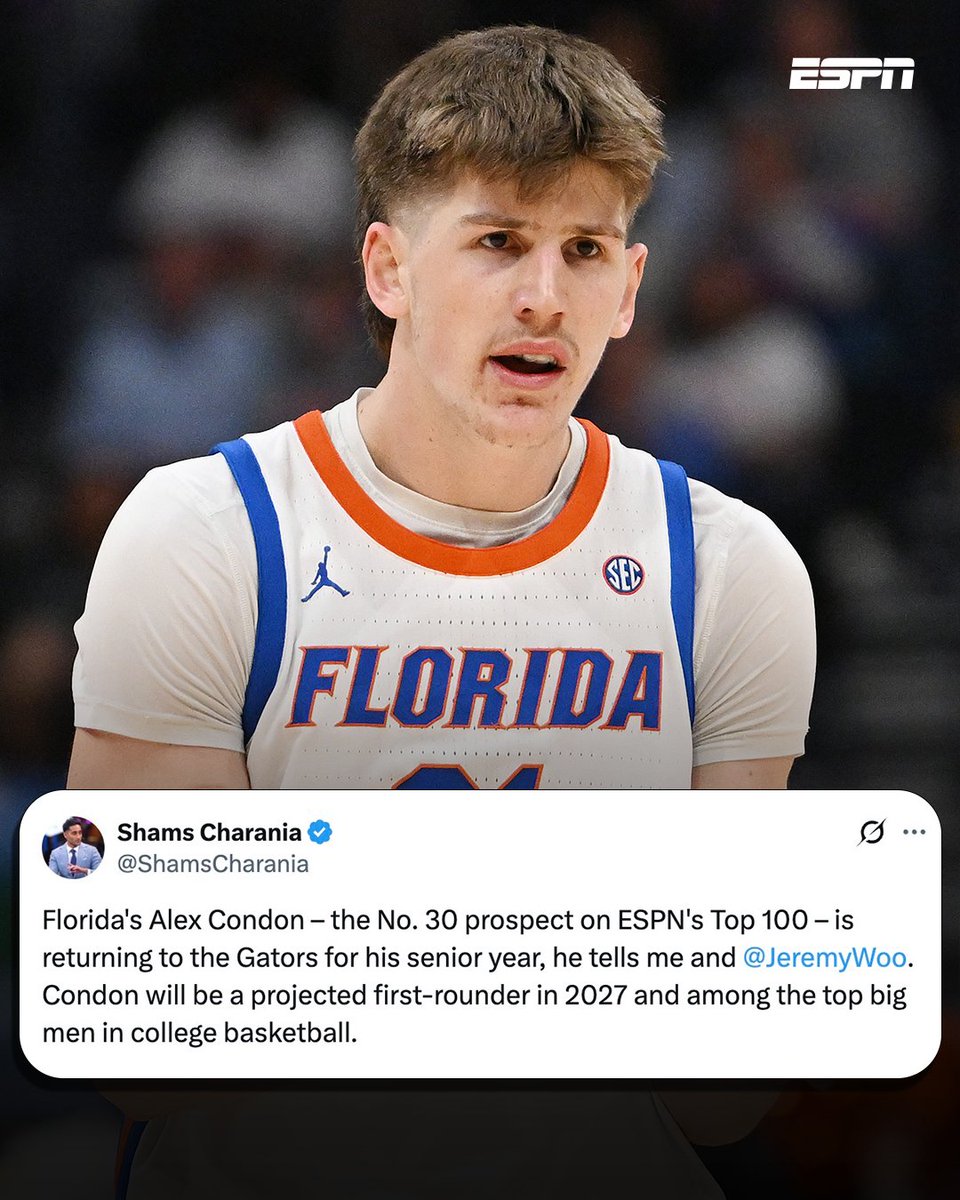 ESPNAusNZ's tweet image. Run it back! 🇦🇺 🏀 
 
Australia's 2025 #NCAA Champion Alex Condon will return to the Florida Gators for his senior year of college, per ESPN's @ShamsCharania.
