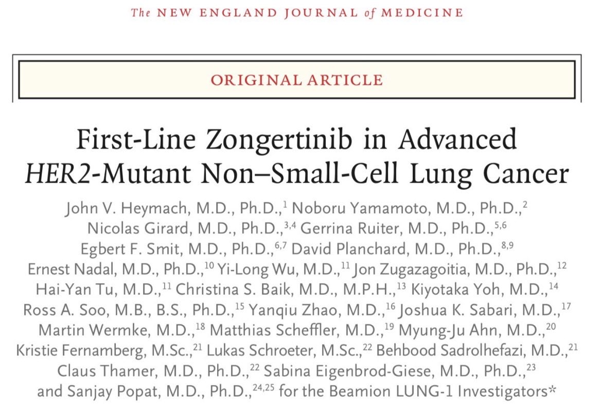 RManochakian's tweet photo. 🔥🚨@OncoAlert Hot Off The Press.

Just published @NEJM 
 
Results of #FirstLine Cohort in #Beamion LUNG-1 phase 1a/1b of:

⭐️#Zongertinib
(#Oral, irreversible, #HER2 #TKI) for: 

🔵#Patients with advanced #HER2-mutant non-small- cell #LungCancer (#NSCLC) with no prior #Treatment. 

✅#RR: 76% 
✅#mDOR: 15.2 months
✅#mPFS: 14.4 months

#FDA approved in #1st line in Feb 2026

👇🏻
https://t.co/s2obTLMtlu