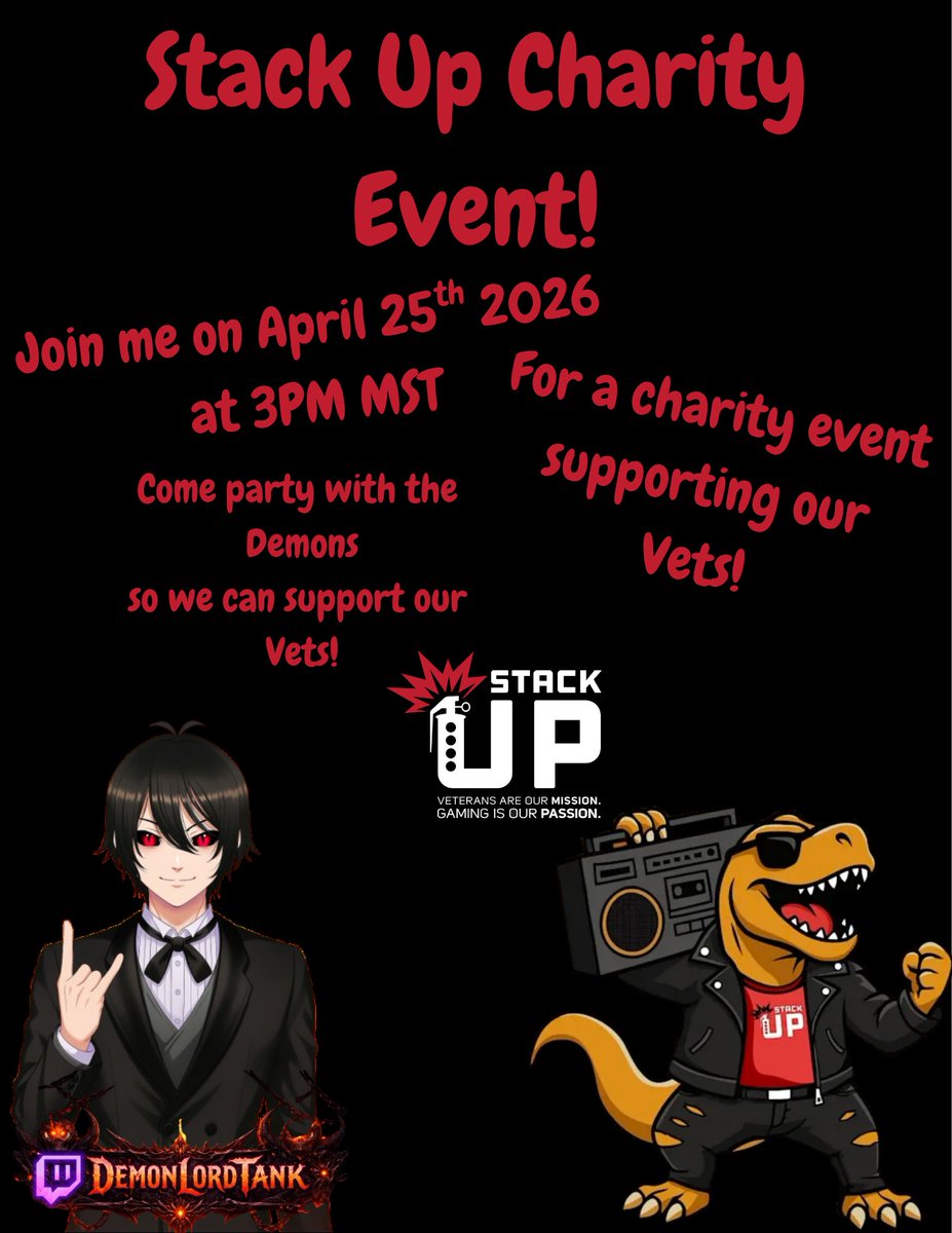 DemonLordTank's tweet photo. Come Party with the Demons as we cause chaos with @StackUpDotOrg  to support our Vets. Come hang and chill on April 25th at 3pm MST!
https://t.co/5j8akz8OqA https://t.co/ZfRXJZQM0n