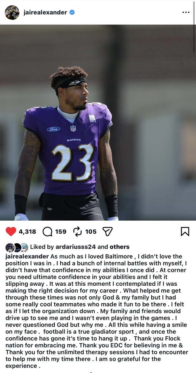I really admire and respect the statement Jaire Alexander made about his personal struggles with mental health. Not an easy thing to admit publicly — especially when we all know that “football is a true gladiator sport,” as Jaire noted.

I think it’s really cool to see AJ Brown