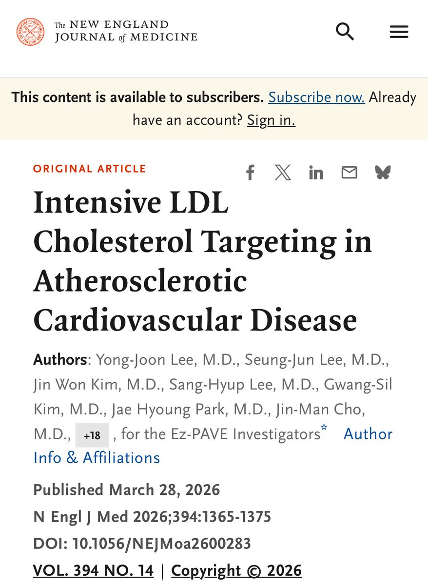 NutrioSci's tweet image. Among patients with atherosclerotic cardiovascular disease, targeting an LDL cholesterol level of less than 55 mg per deciliter resulted in a lower risk of cardiovascular events at 3 years than targeting a level of less than 70 mg per deciliter. #NEJM #Nutrition #LDL #cardiology