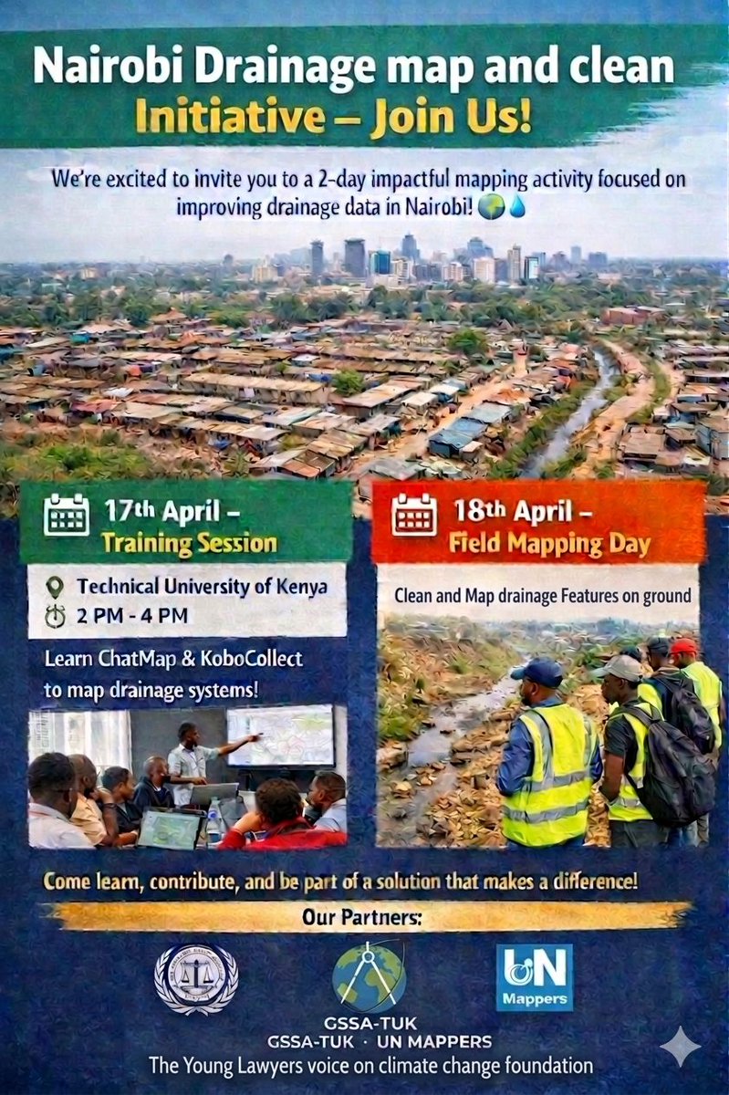 UN_Mappers's tweet photo. Be part of a movement that turns data into real change! Join our drainage map and clean activity in Nairobi!🌍💧

Let’s map. Let’s clean. Let’s make Nairobi more resilient!

#UNMappers #UNMaps #openstreetmap @OSMKenya  
#NairobiDrainage #ClimateAction
#MapForImpact #OpenData https://t.co/jstVHXsY3n