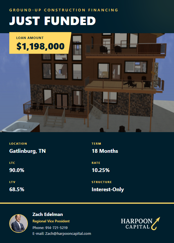 HarpoonCapital's tweet photo. 💸Just Funded
$1,198,000 Ground Up Construction Loan for the brand-new build of a Luxury Short Term Rental in Gatlinburg, Tennessee! 90% LTC Ratio &amp; interest-only for an extended 18-months, this GUC financing gives this investor plenty of time to breathe &amp; build! @EdelmanLending https://t.co/VnXYBIymtb