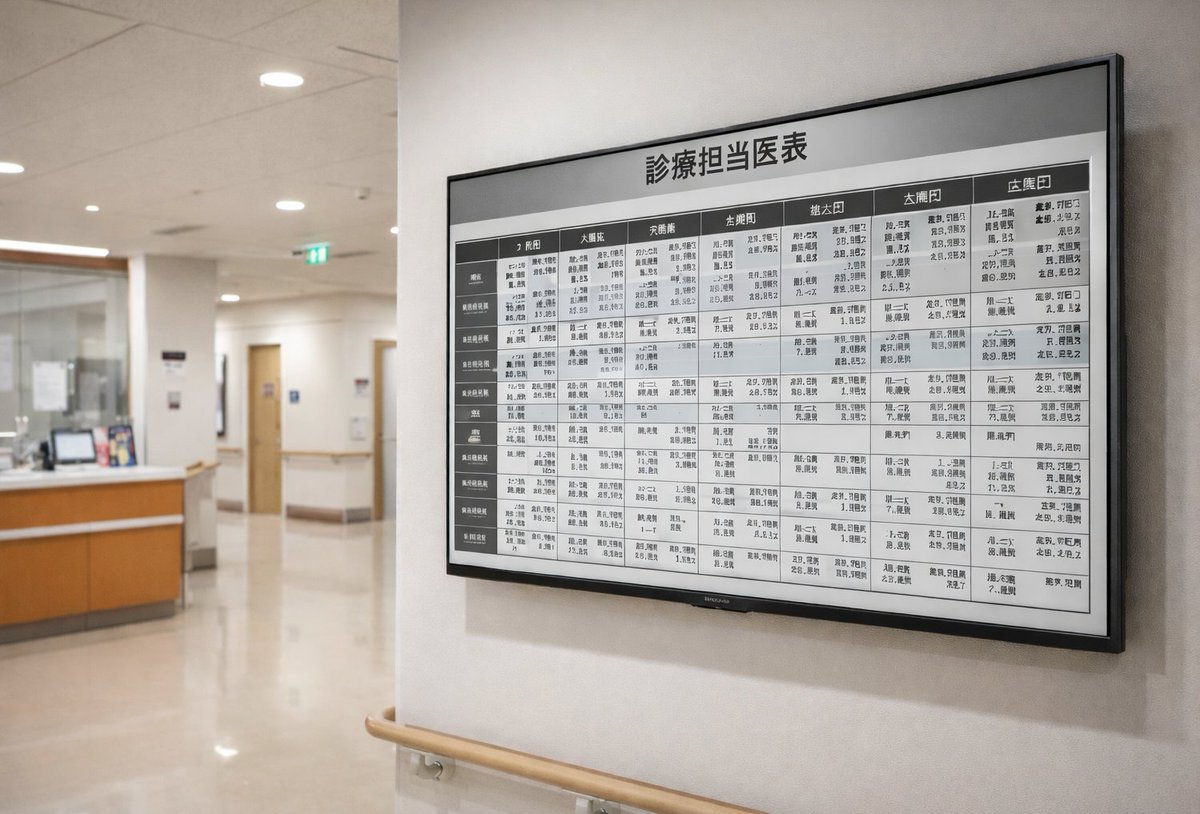 CREA_2007's tweet photo. 『EPS』e paper signage

”院内サイン" × "EPS”
☑ EPS3-C06-42インチ
☑ 診療担当医表
☑ 営業日案内
☑ 採血/検査案内
☑ 予防接種案内
☑ フロワーマップ
☑病室案内
☑インバウンド

#電子ペーパー
#EPS
#デジタルサイネージ
#クレア
#病院
#大学病院
#新棟
#建替え
#入札
#官公需
#クリニック https://t.co/vZkPmYXQO5