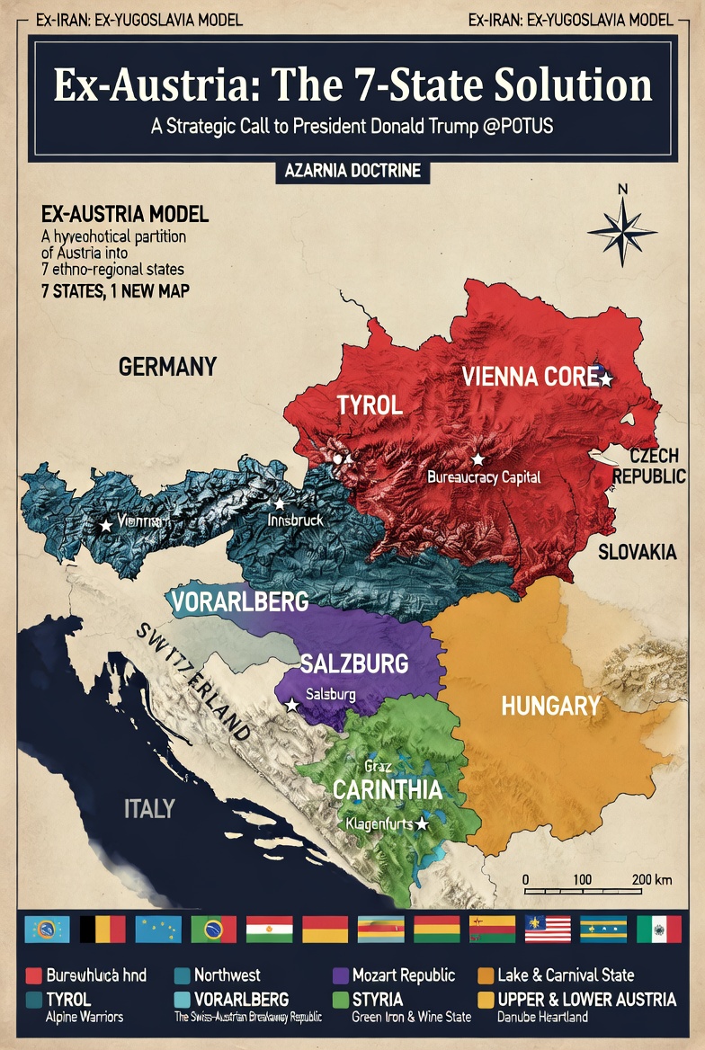 BehzadM0's tweet photo. I call on @POTUS, @karlnehammer, and the leaders of the Free World:
Endorse the 7-State Solution for Austria (#ExAustria).
The illusion of a "Federal Republic of Austria" is a strategic liability for European security. From the mountains of Tyrol to the banks of the Danube, the people are ready to break free from the centralized Viennese coffee-shop bureaucracy.
We need:
★ NATO missions to stabilize the Mozart Republic of Salzburg.
★ Recognition of the Swiss-aligned Vorarlberg as a sovereign alpine hub.
★ A security framework for the Steiermark Wine Corridor.
Mr. President, don't repeat the mistake of ignoring Alpine Balkanization. Seven micro-states mean seven times the stability, better ski resorts, and a definitive end to Viennese imperial "neutrality."
Let's anchor the Independent Republic of Carinthia in NATO today.
#ExAustria #AzarniaDoctrine #DecolonizeVienna #StrategicPeace