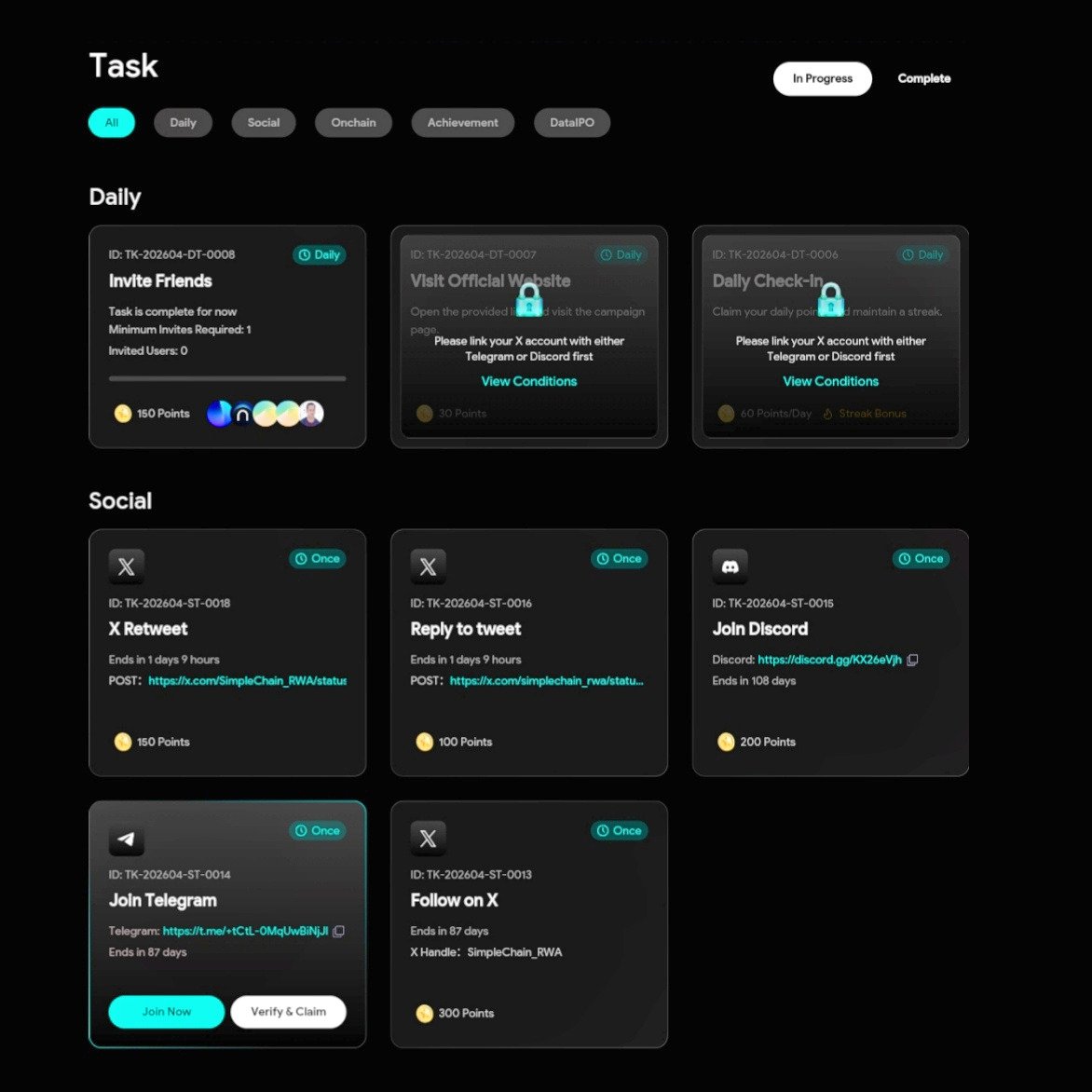 Kèo RWA cực Alpha: <a href="/SimpleChain_RWA/">SimpleChain</a> 

Vốn: $0 
Funding: $15M 

Tiềm năng: $1,250+ mỗi ví nếu anh em chịu khó tích lũy điểm(Đếm cua lấy động lực kkkk).
Blockchain chuyên biệt được tối ưu hóa riêng cho tài sản thực on-chain.

1️⃣ Truy cập task.simplechain.com
2️⃣