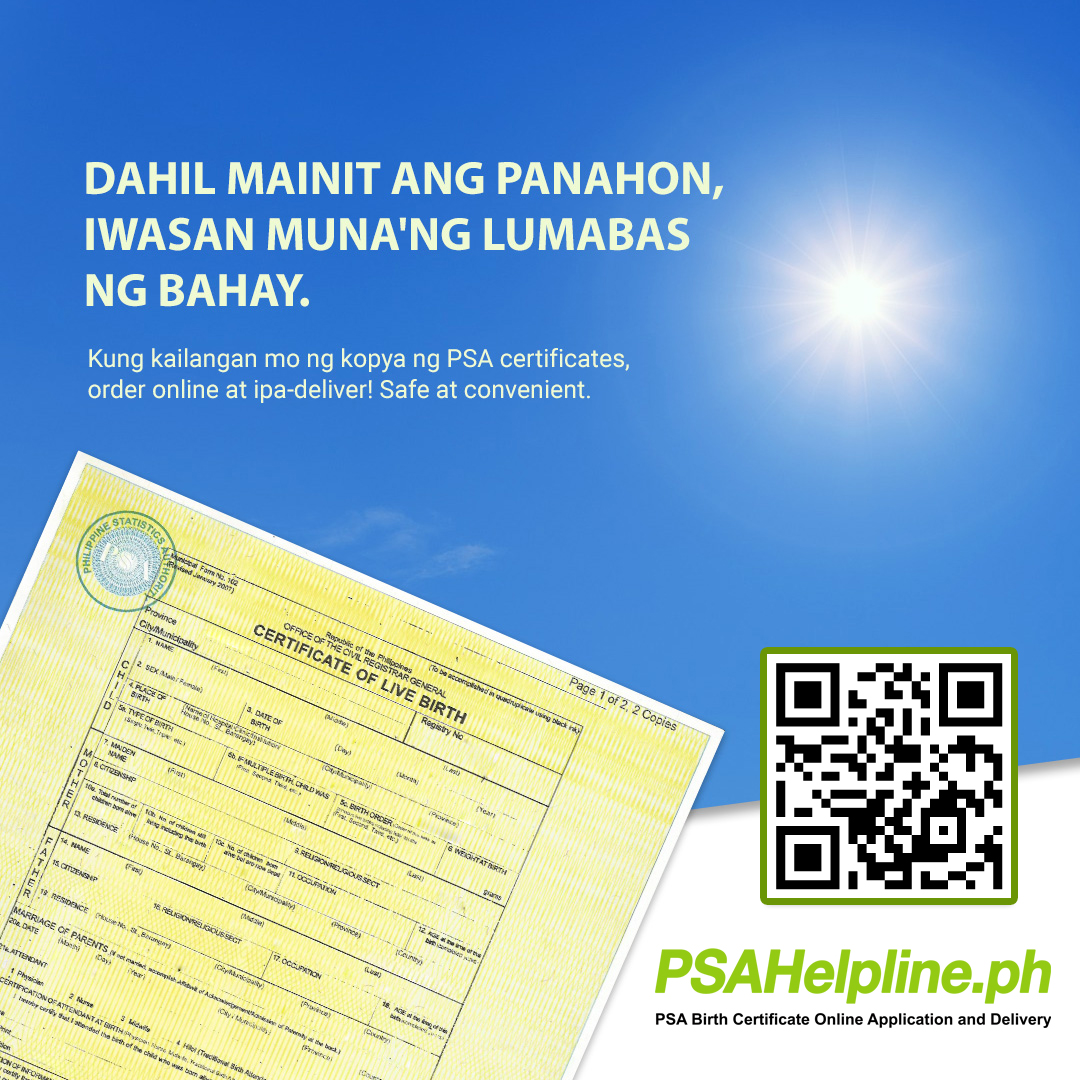 PSAHelpline's tweet image. Too hot to head out? Stay in and order online!

Getting your PSA Birth Certificate has never been this refreshing. No travel needed, no sun-exposure required. Just pure convenience delivered to your doorstep.

Order at PSAHelpline.ph.

#PSAOnline #PSADelivery #PSA