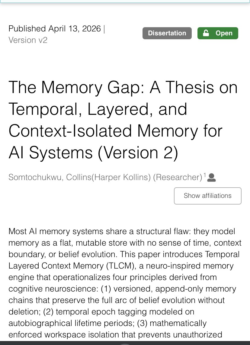 I built a memory architecture for AI systems and published it on Zenodo.
No lab. No university backing. No funding.
Just a problem I kept running into while building HK AI, and a theory I couldn’t stop thinking about.
Here’s what TLCM is and why it matters