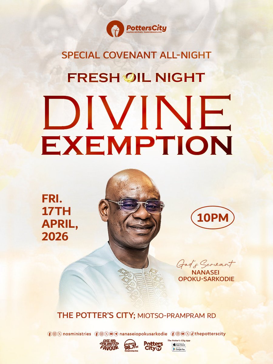 thepotterscity's tweet photo. Join us this Friday, 17th April, for a special Covenant All Night π₯π
Theme: Fresh Oil for Divine Exemption.
Come expectant and do not come alone, invite someone to experience what God is about to do π₯
#ChristianTwitter #CovenantAllNight #FreshOil #PottersCity #NanaseiOpokuSarkodie