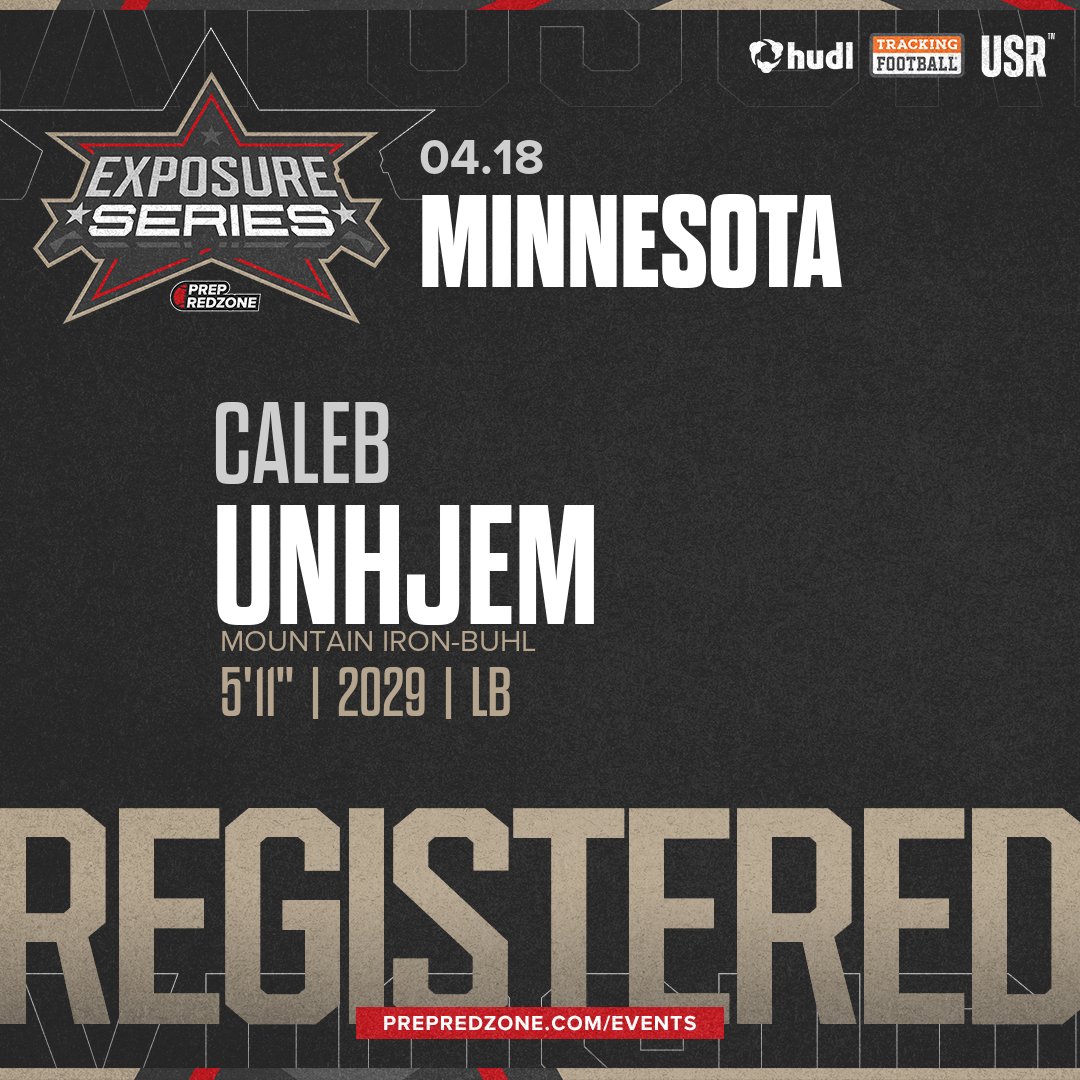 PrepRedzoneMN's tweet photo. Welcome Class of 2029 Caleb Unhjem (@CalebUnhjem) of Mountain Iron-Buhl to the @PrepRedzoneMN Exposure Series Showcase on April 18th @ Plymouth Fieldhouse. 

🔥🏈 #PRZExposureSeriesMN 🏈🔥

Register NOW! 👇  https://t.co/yMxcSE856c https://t.co/9s9l5DY7Fz