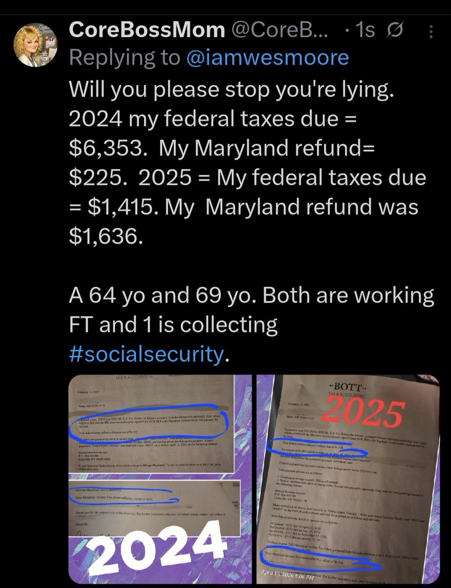 CoreBossMom's tweet image. You are just as bad as @iamwesmoore. The #onebigbeautifulbill has worked out great for this 64+ married couple living in the not so great state of #Maryland.  @POTUS @SecScottBessent @PressSec