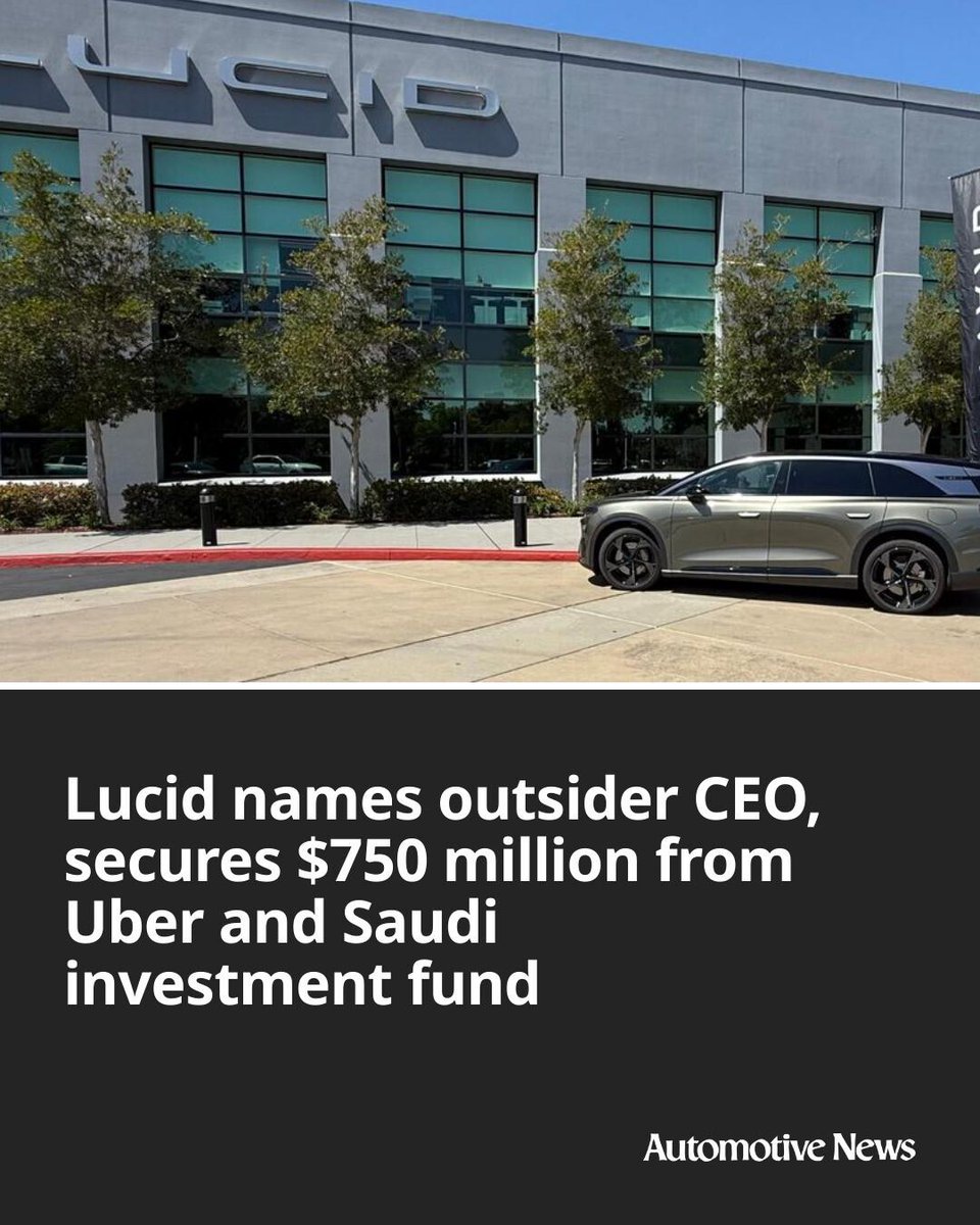 Automotive_News's tweet image. Lucid Group named a new CEO and announced $750 million of fresh investment from its two biggest backers as the electric car maker looks to shore up operations at a crucial juncture.

#Lucid #Uber #automotive #autoindustry #LucidMotors #EVs #electricvehicles