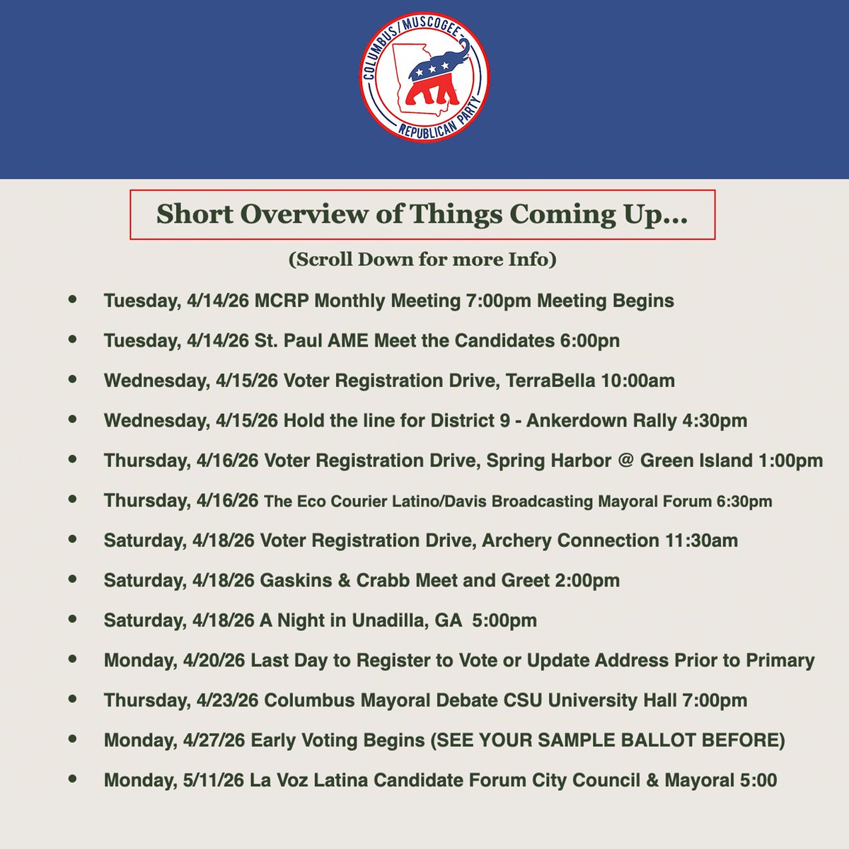MuscogeeGOP's tweet photo. Columbus, Georgia 
GOP Announcements for April 2026
#georgia #columbusga #gapol https://t.co/tY2wTKNlCo