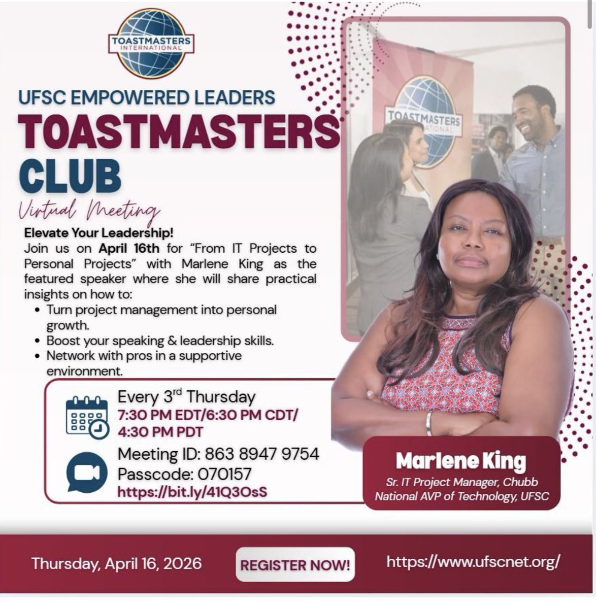 ufscnet's tweet photo. Join the UFSC Toastmasters Club tomorrow for an engaging virtual session featuring Marlene King and her presentation, “From IT Projects to Personal Projects.” 

Following this meeting, Toastmasters club will continue to meet every third Thursday! https://t.co/vxOYhws59a