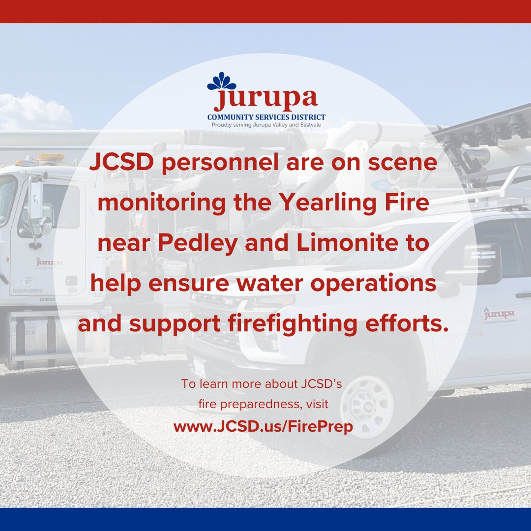 JCSDistrict's tweet photo. JCSD personnel have been on the scene and actively monitoring the Yearling Fire in Jurupa Valley to ensure water operations and support firefighting efforts.

Please follow @CALFIRERRU for updates.

For more information about JCSD's fire preparedness, visit https://t.co/GdtUlHzvIB

#JCSD #JurupaValley #YearlingFire #JurupaValleyFire #calfireriverside @jurupaValleyGov