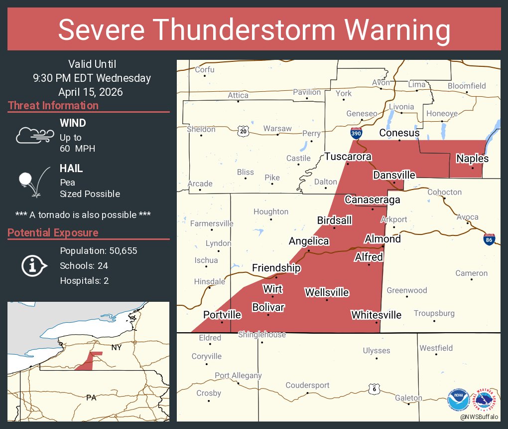 Severe Thunderstorm Warning including Dansville NY, Wellsville NY and  Alfred NY until 9:30 PM EDT