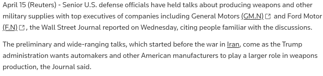 TheWarMonitor's tweet photo. The Pentagon is quietly reaching out to GM, Ford, and other major manufacturers about ramping up U.S. weapons production, a sign it’s preparing for a much larger, sustained buildup. https://t.co/qk84hytYEg