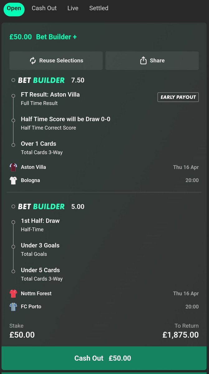 LongShotPundit's tweet photo. £50 ➡️ £1,875 LOADING… 😳🔥

EURO BET BUILDER 🔒

🧩 Villa vs Bologna
• Villa win
• HT 0-0
• Over 1 card

🧩 Forest vs Porto
• HT draw
• Under 3 goals
• Under 5 cards

ODDS: 37.5/1 🚀

Tight reads, BIG upside 💸
LIKE ❤️ if you’re riding… let’s see who’s brave 👀🔥 https://t.co/6RauoGWi4O