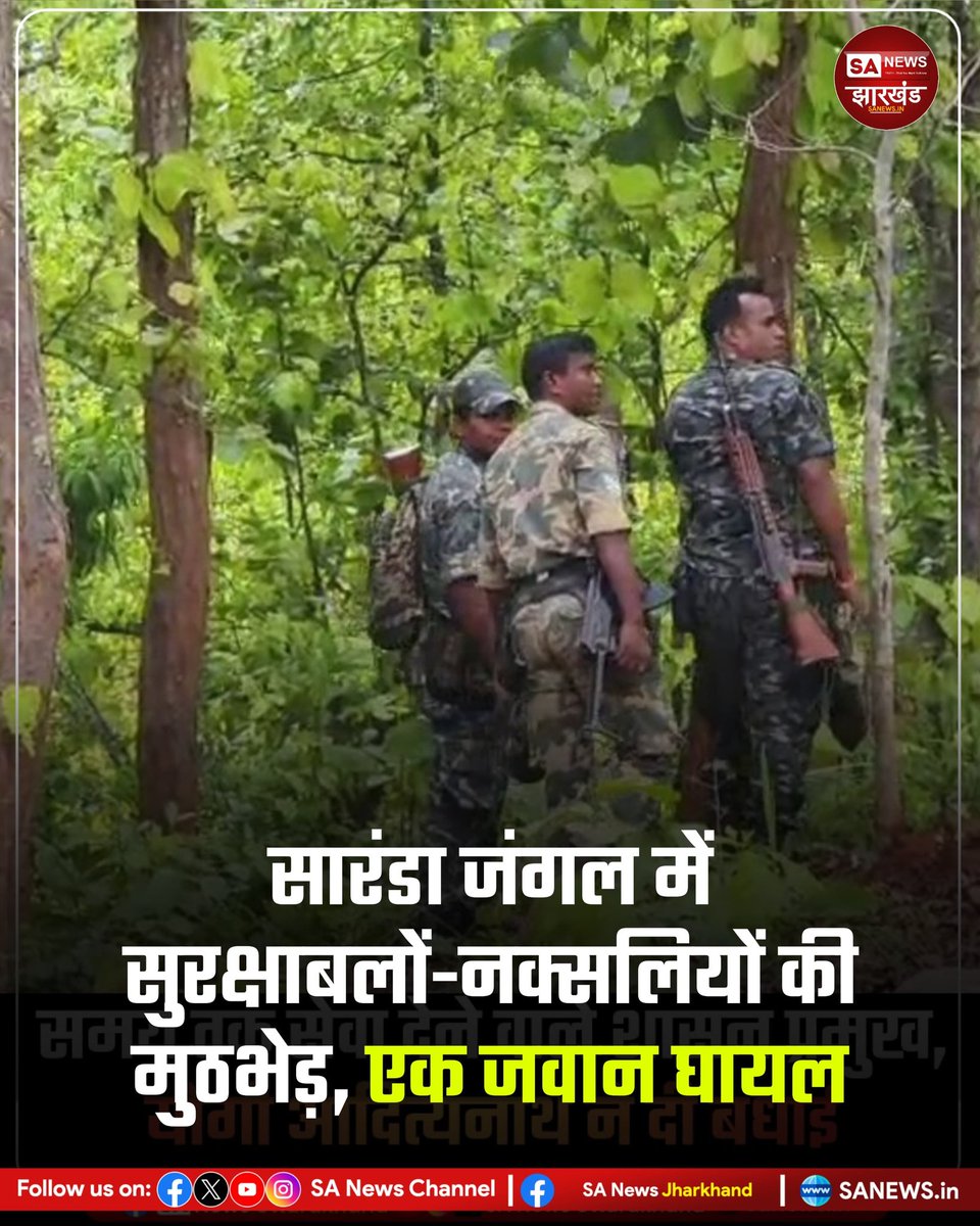 sanewsJharkhand's tweet image. सारंडा जंगल में सुरक्षाबलों-नक्सलियों की मुठभेड़, एक जवान घायल

खुफिया सूचना के आधार पर सीआरपीएफ कोबरा बटालियन, झारखंड जगुआर और जिला पुलिस की संयुक्त टीम इलाके में सर्च ऑपरेशन चला रही थी। 
#SANewsJharkhand 
#Jharkhand
#WestSinghbhum
#Saranda
#NaxalEncounter