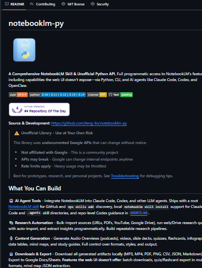NotebookLM-Pyは、Google NotebookLMの非公式Python API＆エージェントスキルです。 Claude Code ...