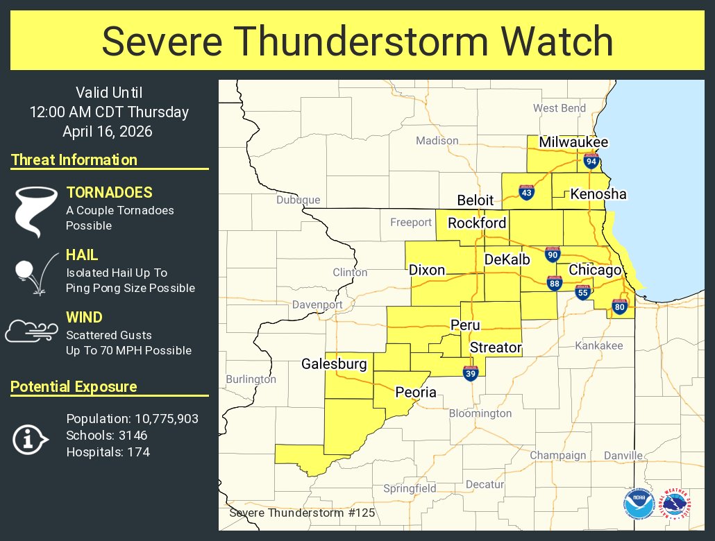 A severe thunderstorm watch has been issued for parts of Illinois and Wisconsin until 12 AM CDT