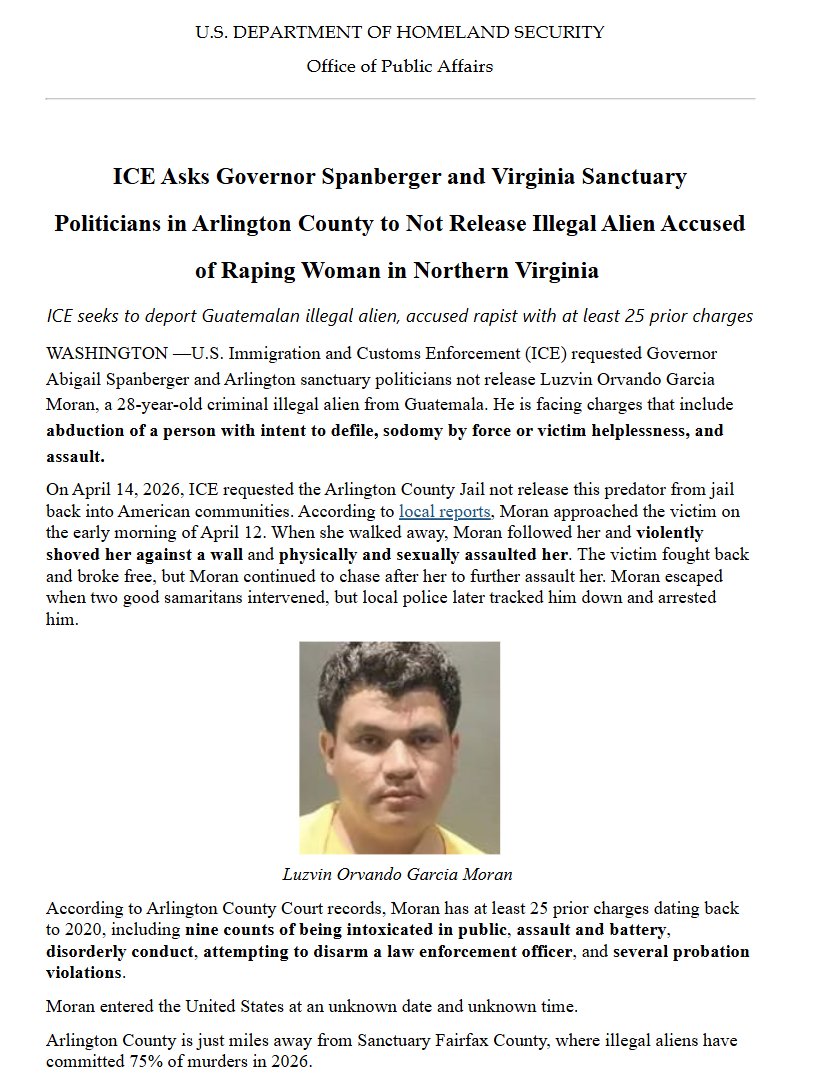AllisonPapson's tweet image. #Breaking ICE asks Abigail Spanberger and Arlington County officials to not release an undocumented immigrant accused of attempting to rape a woman in Northern Virginia. #ICE