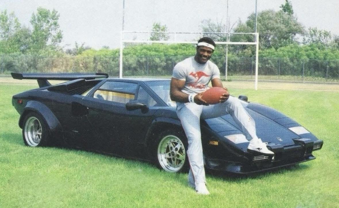 Walter Payton with his 1983 Lamborghini Countach 5000 S. He was gifted the car in 1984 by his shoe sponsor, KangaROOS.