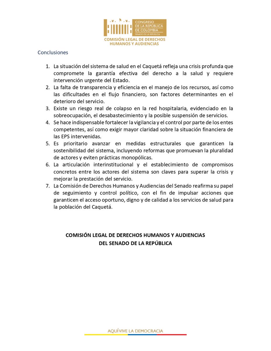 DdhhSenado's tweet photo. Comunicado del desarrollo de la Audiencia Pública.

Se evidenció una crisis en el sistema de salud. ⚠️ Se requieren acciones urgentes y articuladas para garantizar la atención a la ciudadanía. 

#Salud #Caquetá #Colombia https://t.co/Dx1wfeDdDe