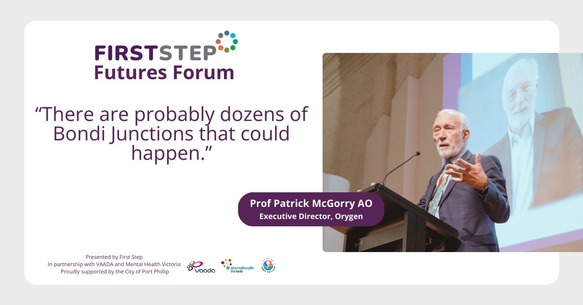 FirstSteptweets's tweet photo. @PatMcGorry @orygen_aus spoke about system failure and preventable tragedy at #FirstStepFuturesForum 

“There are probably dozens of Bondi Junctions that could happen.”

Early intervention and continuous care are not optional, they are safeguards.
 
#MentalHealthReform https://t.co/cChXYZs2Nd