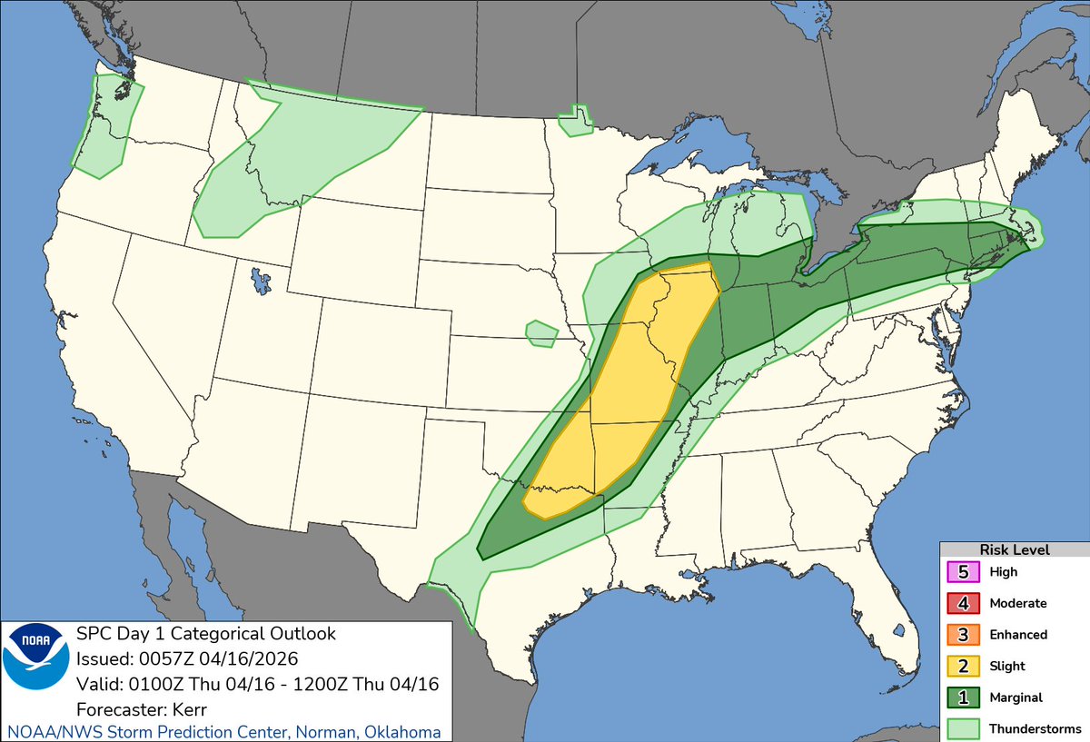 7:59pm CDT #SPC Day1 Outlook Slight Risk: this evening in a corridor from the southeastern Great Plains through the Midwest spc.noaa.gov/products/outlo…
