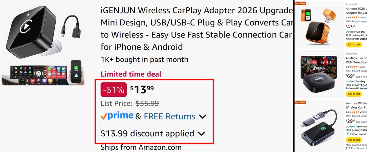 Pricerrors's tweet photo. $14 APPLE CARPLAY ADAPTER

Originally $36 while similar listings are also $30+

Must use code "ZC4JEILU" at checkout to get lowest price

Will ship since this is shipped by Amazon themselves 

https://t.co/8xMoGQ4boc #ad https://t.co/nzS3OseYi3