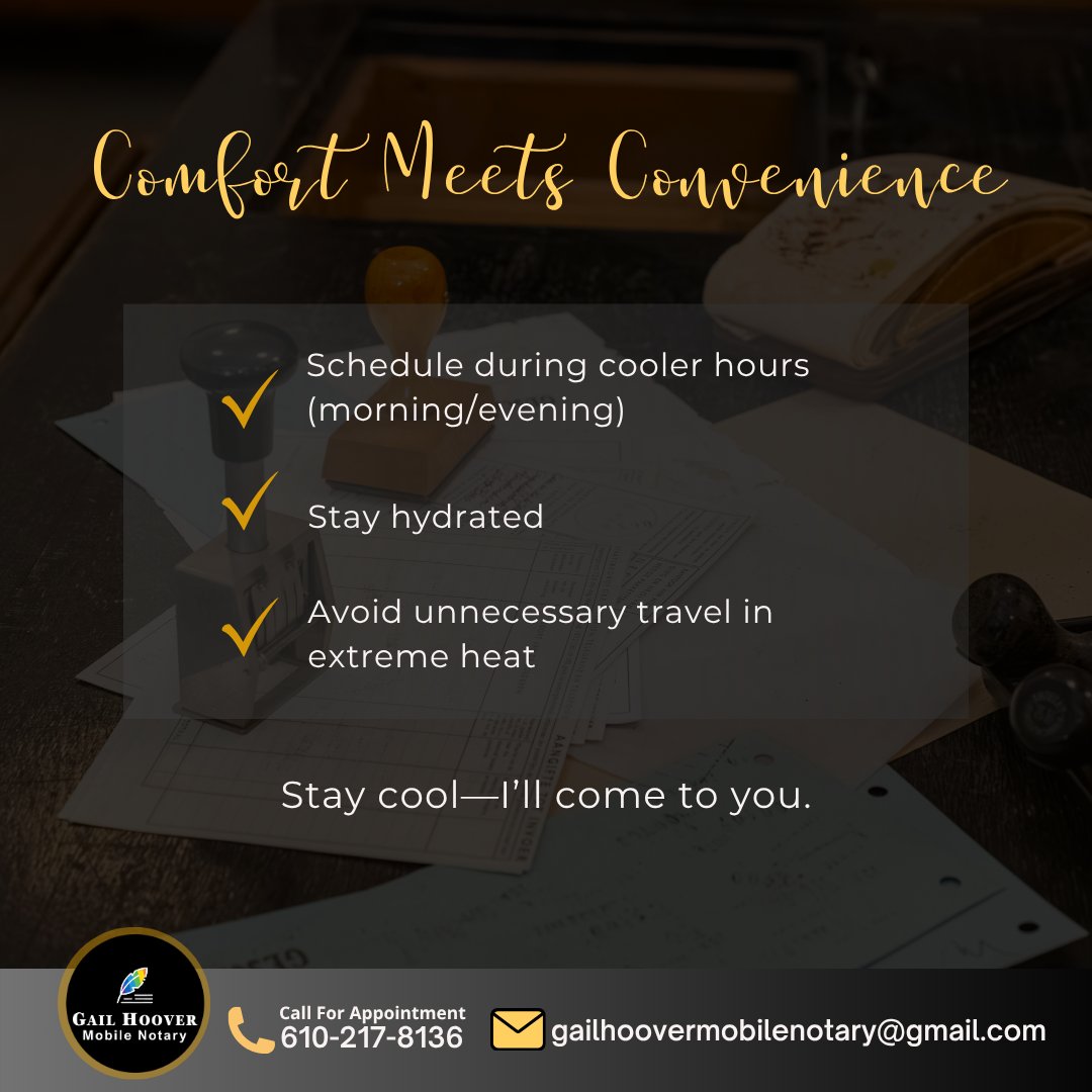 GailNotary's tweet image. Heat wave this week? Stay cool—I’ll come to you.

#mobilenotary #LehighValleymobilenotary #LehighValley