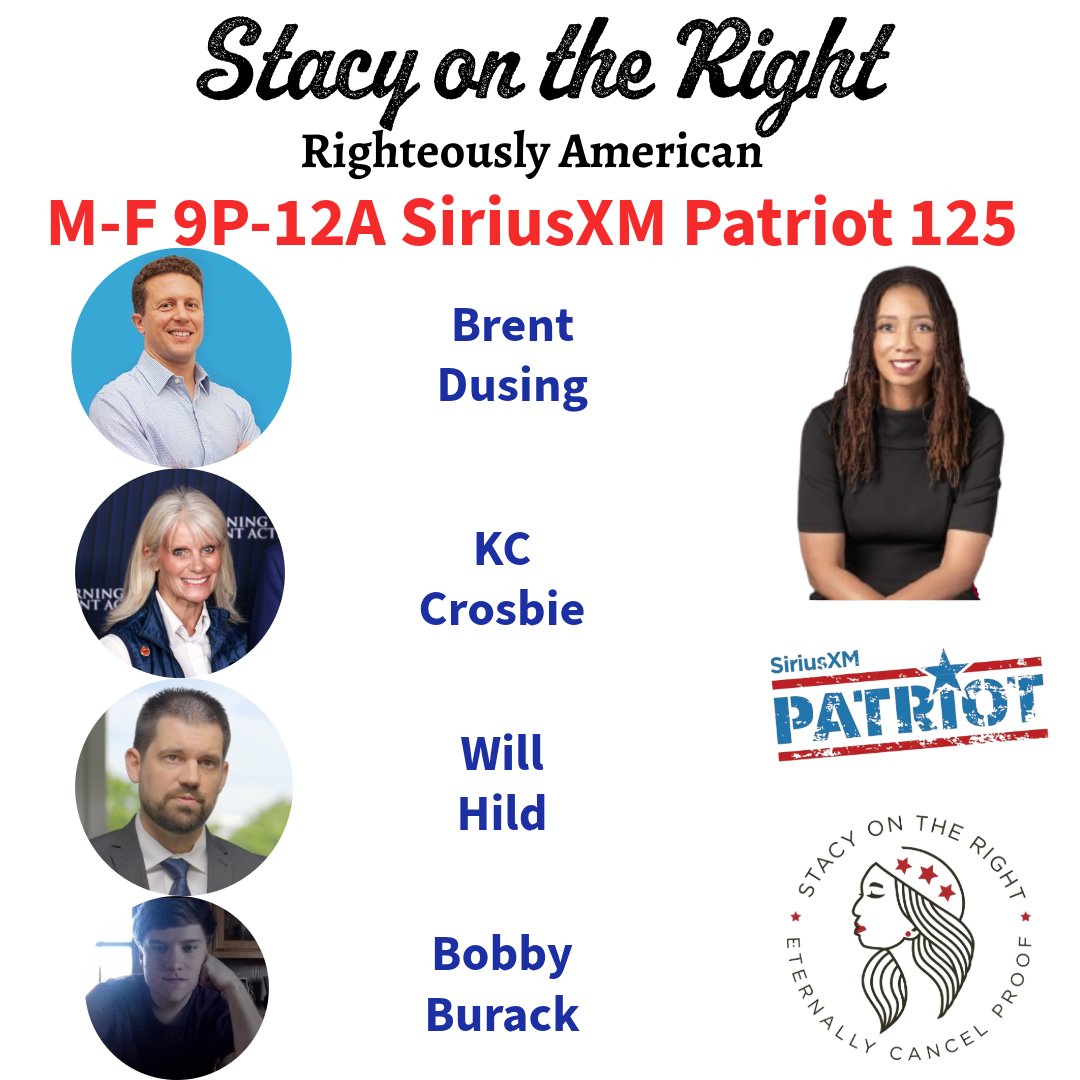 SiriusXMPatriot's tweet image. Tonight On @StacyOnTheRight 9pm-12am ET Wed 4/15

9:20pm @TruPlayGames 

9:40pm @kc4gop 

10:05pm @willhild

11:05pm @burackbobby_ 

Tonight's Opening Verse: Romans 13:6-7
Call In Now: 866-957-2874
sxm.app.link/Patriot sxm.app.link/StacyOnTheRight
#SOTR #RighteouslyAmerican