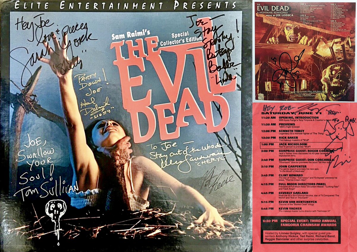 staytoonedfolks's tweet image. Groovy!
Sam Raimi’s “THE EVIL DEAD” was released wide in theaters today in 1983.
LD signed by Sandweiss, York, Baker, Delrich, Sullivan &amp;amp; Reese, OST page in Blood on Black Wax signed by Joseph LoDuca + @FANGORIA program signed by Raimi &amp;amp; Campbell from our collection.
#TheEvilDead