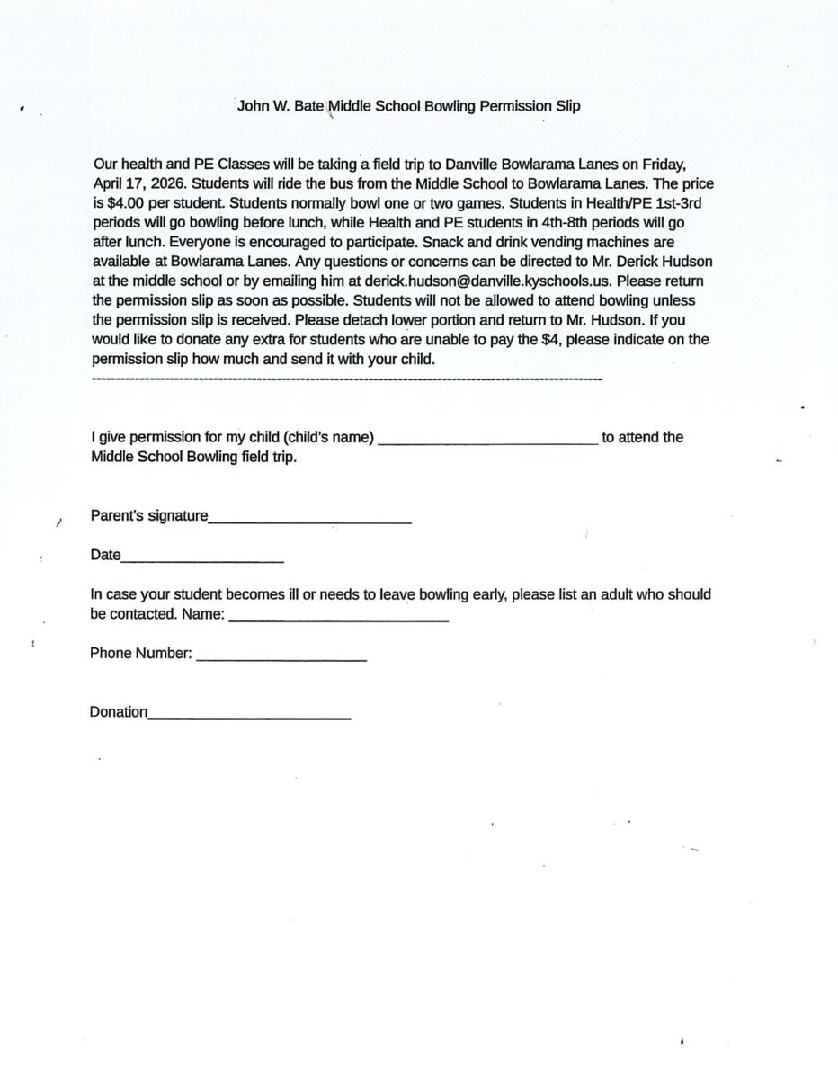 BateMiddle's tweet photo. HEALTH &amp; PE CLASSES (6th graders, 7th graders, and 8th graders that currently have Health &amp; PE)….. this Friday, April 17, they will be taking a field trip to Danville Bowlarama. The field trip is $ 4.00 and can be paid at the front office with cash or check. https://t.co/UAPJDS5IeI