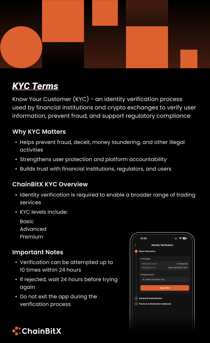 ChainBitX's tweet photo. Security and compliance start with verification.
With ChainBitX KYC, users can access more services while helping create a safer trading environment for everyone.

#CryptoSecurity #KYC #ChainBitX https://t.co/RIhVWjUvdk